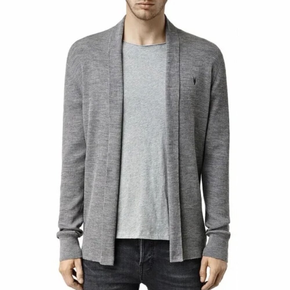 All Saints Mens Mode 100% Merino Wool Ramskull Open Cardigan, Monument Grey, L